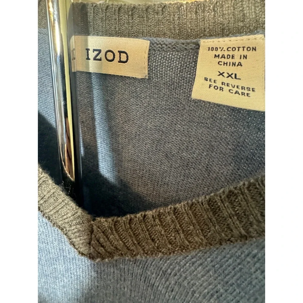 IZOD Mens V-Neck Sweater Vest XXL Blue Gray 100% Cotton Knit Sleeveless Pullover